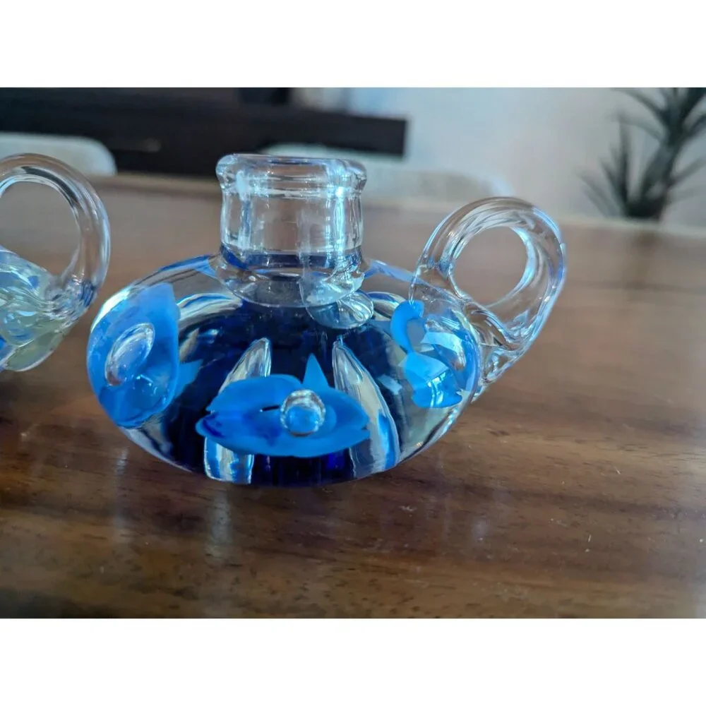 Vintage Set of 2  Joe St. Clair Glass Candle Holders cobalt blue Flowers
